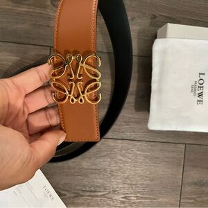 Loewe Tan Leather Belt with Gold Anagram Buckle